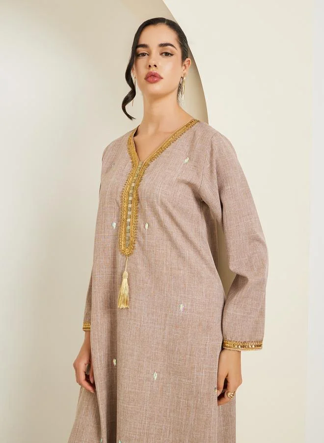 Amirah Women Beige Linen Jalabiya with Gold Embroidery